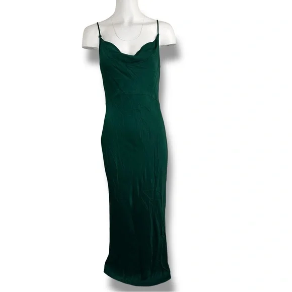 BHLDN Anthropologie Cali Satin Charmeuse MIDI Dress in Dark Emerald M Medium - Picture 2 of 9